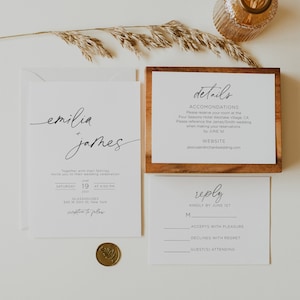 May include: Wedding invitation suite with a white background and black text. The invitation features the names "emilia + james" in cursive script. The RSVP card includes the text "reply kindly by june 1st" and options for guests to accept, decline, or indicate their attendance.