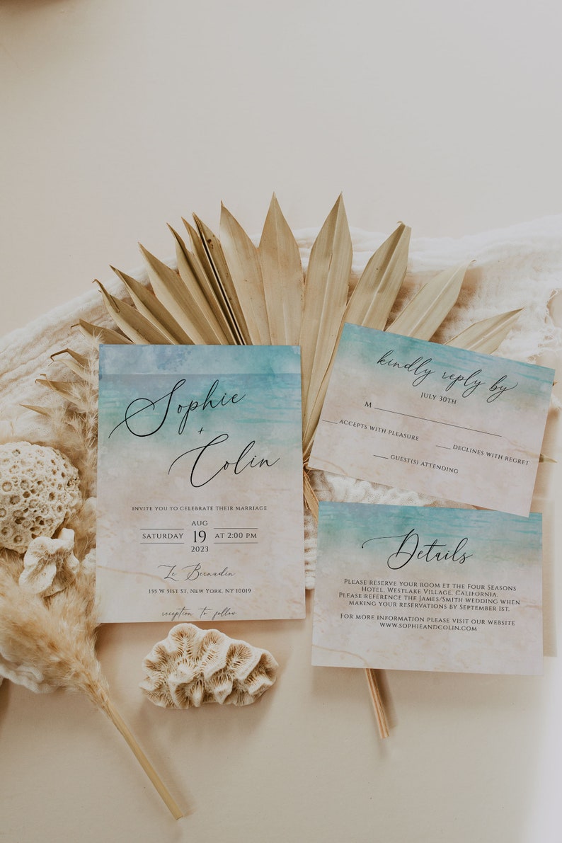 Beach Wedding Invitation Template Suite Ocean Wedding Invitation Template Download Tropical Wedding Invitations Printable DIY Editable image 5