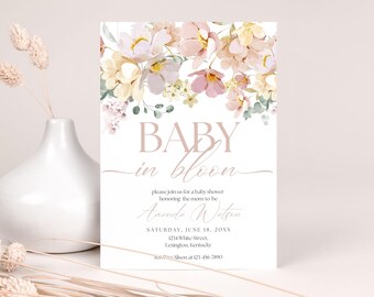 Baby in Bloom Zaproszenie na Baby Shower, Kwiatowe Zaproszenie na Baby Shower, Zaproszenie na Baby Shower z Wiosennymi Kwiatami, Edytowalny Szablon BBABY04