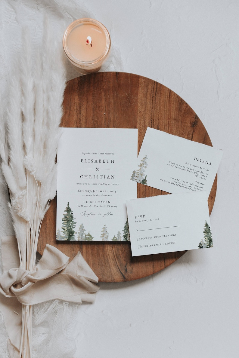 Winter Wedding Invitation Suite, Christmas Wedding Invitation Template, christmas Holiday Wedding Invitation, christmas tree wedding invite image 2