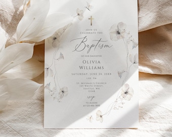 Baptism invitation girl, Wildflower Baptism Invitation, floral Christening invite, floral baptism Invite, minimalist baptism invite, FBI001