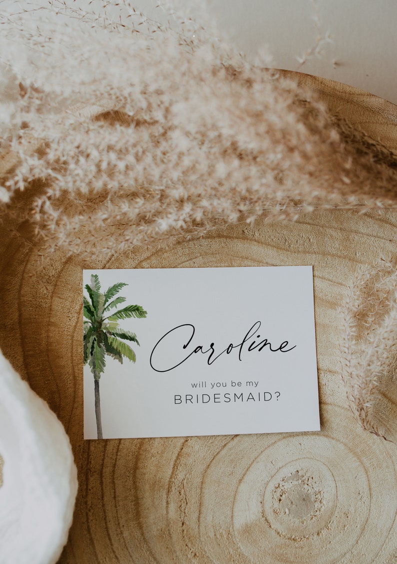 Will You Be My Bridesmaid, Tropical Bridesmaid Card, Palm Tree Maid Of Honor Proposal, Destination Wedding, Editable Instant Download DIY image 2