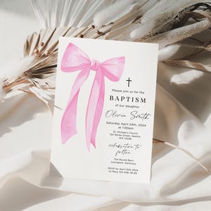 Pink Baptism Invitation Girl, Girl Christening Invitation , Pink bow baptism Invitation, Bow Baptism Invite, Baptism evite, PBAPT01
