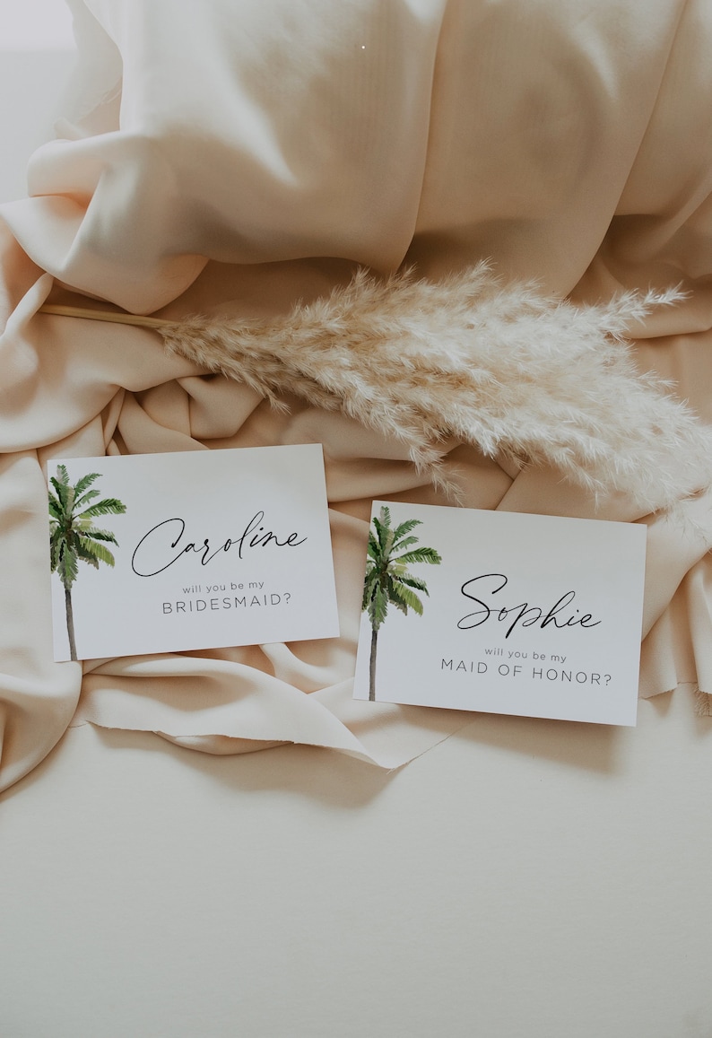 Will You Be My Bridesmaid, Tropical Bridesmaid Card, Palm Tree Maid Of Honor Proposal, Destination Wedding, Editable Instant Download DIY image 1