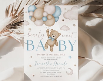 Teddy Bear Baby Shower Invitation, Baby Boy Shower Party Invite, Blue Baby Shower Editable Invitation Template, We Can Bearly Wait TBABYB02