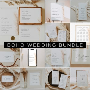 May include: A selection of wedding stationery with a boho theme. The set includes invitations, welcome signs, menus, and table cards. The designs feature minimalist text and dried floral accents, with a neutral colour palette.