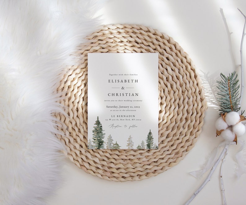 Winter Wedding Invitation Suite, Christmas Wedding Invitation Template, christmas Holiday Wedding Invitation, christmas tree wedding invite image 3