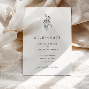 Minimalistische Save the Date met ontwerp met wilde bloemen, bewerkbare sjabloon bruiloft uitnodigingskaart 5 x 7 inch, eenvoudige bloemen aankondiging trouwdag wo001