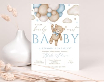 Teddy Bear Baby Shower Invitation, Baby Boy Shower Party Invite, Blue Baby Shower Editable Invitation Template, We Can Bearly Wait TBABY02