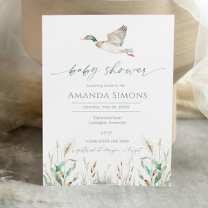 Baby showeruitnodiging Mallard Duck, bewerkbare genderneutrale babyshoweruitnodiging, een klein eendje is onderweg babyshowerkaart BBABY13