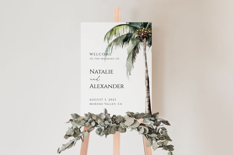 Palm Tree Wedding Welcome Sign Template, Printable Wedding Welcome, Tropical Wedding Sign, Beach Wedding Welcome Poster, Editable Sign image 1