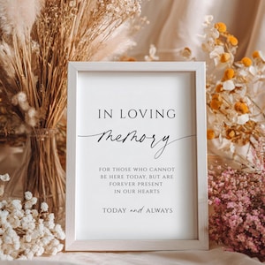 Può includere: Un cartello incorniciato bianco con testo nero che recita "IN LOVING MEMORY". Il testo sottostante recita "FOR THOSE WHO CANNOT BE HERE TODAY, BUT ARE FOREVER PRESENT IN OUR HEARTS TODAY and ALWAYS." Fiori secchi circondano il cartello.