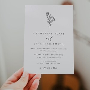 Minimalistische vrijgezellenfeestuitnodiging met ontwerp met wilde bloemen, bewerkbare sjabloon, eenvoudige stijl voor elegante afdrukbare uitnodigingskaart BRIDES01