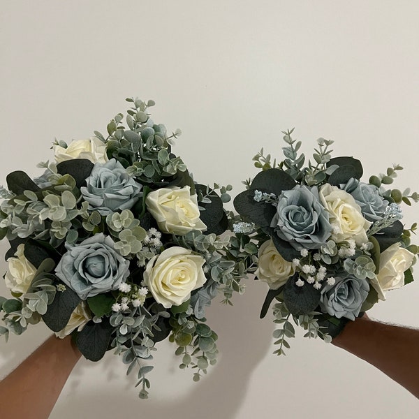 Dusty Blue and Ivory Wedding Bouquets, Bridal Bouquet, Bridesmaids Bouquet, Eucalyptus, Groomsman Boutonnieres, Artificial Wedding Flowers