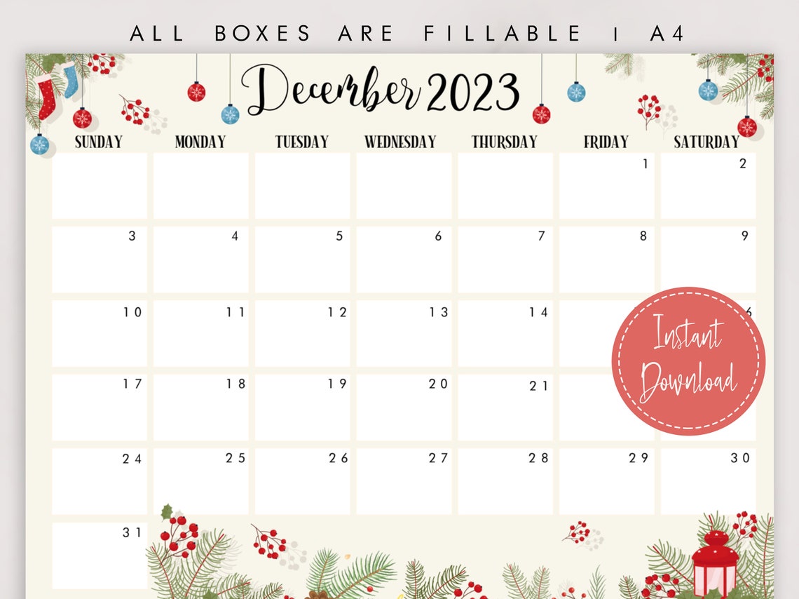 Editable December 2023 Calendar Printable Calendar Fillable Editable