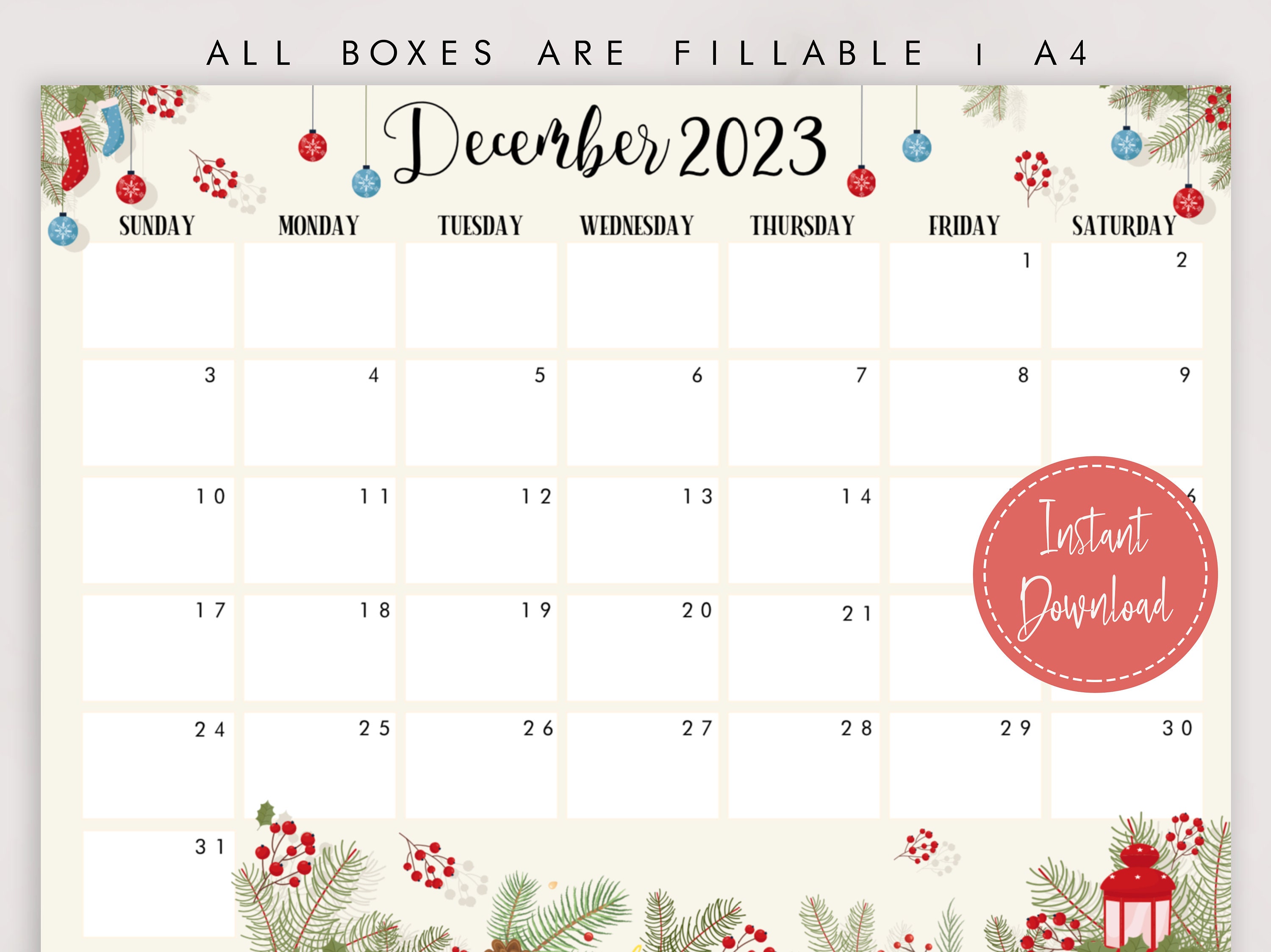 Editable December 2023 Calendar Printable Calendar Fillable Editable