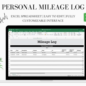 May include: A laptop computer displaying a spreadsheet with the title "Mileage Log". The spreadsheet is a mileage tracker with columns for date, time, description, purpose, from, to, odometer start, odometer finish, and mileage. The spreadsheet is in an Excel format and is fully customizable.
