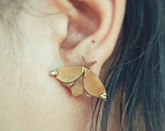 Moth earrings, brass lobe earrings, moth stud earrings, brass and copper moth earrings, nickel free stud.