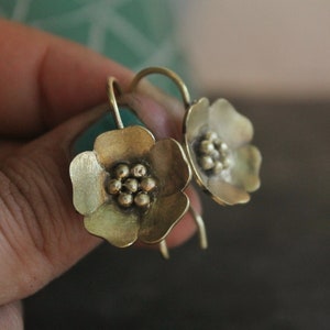 Peach blossom drop earrings, flower earrings, brass drop earrings, floral earrings.