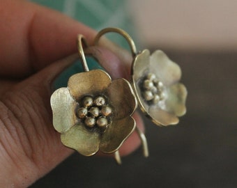 Peach blossom drop earrings, flower earrings, brass drop earrings, floral earrings.