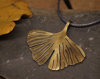 Ginkgo biloba leaf pendant, light nature brass pendant, ginkgo necklace. Nickel free.