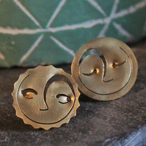 Sun moon stud earrings in brass, brass stud earrings with moon and sun.