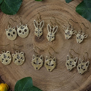Woodland animal totem earrings, brass drop earrings. Wolf, fox, hare, bear, owl, deer. Spirit animals.