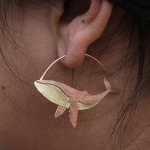 Whale earrings in brass and copper with nickel free brass hook, sea earrings with nickel free brass hook. On commission.