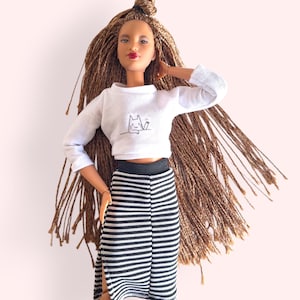 Doll Clothes. Tshirt with cute cat print and striped stretchy midi skirt for standard and curvy 1:6 scale fashion dolls. Set for dolls.