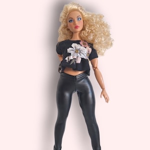 Doll Clothes. Leather Pants for Dolls and Floral print Blouse with Folds and Button fastening. Leggings for Dolls. Fashion Doll Clothes.