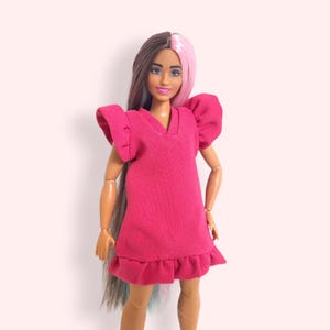Doll Clothes. Pink, Handmade, Realistic Dress with ruffles for 1:6 scale Standard and Curvy Fashion Dolls. Outfit for dolls.