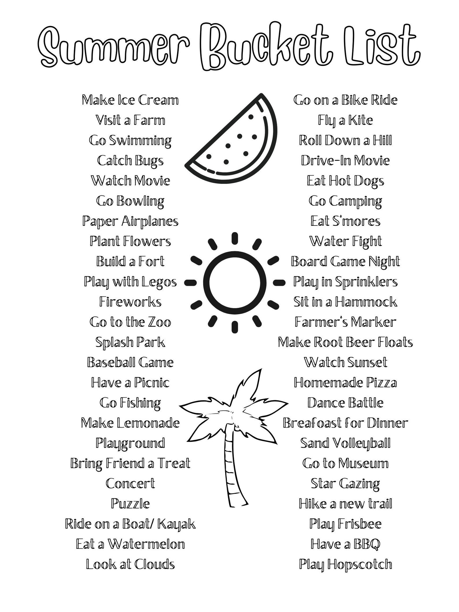 Printable Summer 2022 Bucket List, Coloring Page Print, Summer Fun