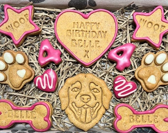 Personalised Birthday Celebration Day Dog Biscuit Treats Box - Grain Free Peanut Butter & Honey - Over 50 Breeds Available