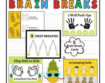 Brain Break Cards. Mental Health Kids Activity. 5 Structured Fitness Posters for Kids.