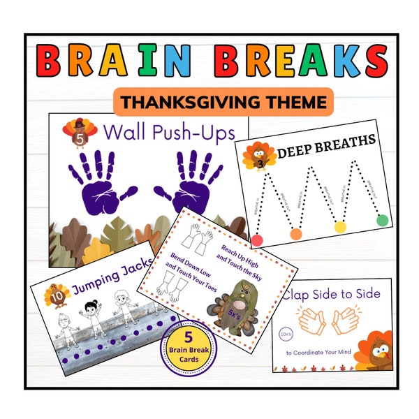 Brain Break Cards. Mental Health Kids Activity. 5 Structured Fitness Posters for Kids.