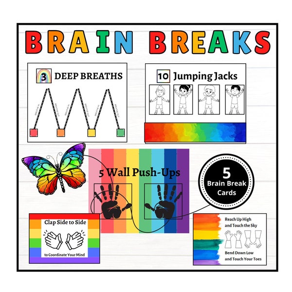 Brain Break Cards. Rainbow Theme. 5 Structured Fitness Posters for Kids. Mental Health Support.