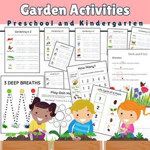 May include: A set of printable garden-themed activities for preschool and kindergarten. The activities include tracing letters, counting, and a seek and find game. The worksheets feature colorful illustrations of garden plants, insects, and animals.