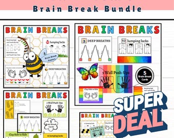 BUNDEL Brain Break-kaarten. Geestelijke gezondheid kinderactiviteit. 5 fitnessposters met structuur voor kinderen.