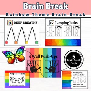 Brain Break Cards. Rainbow Theme. 5 Structured Fitness Posters for Kids. Mental Health Support.