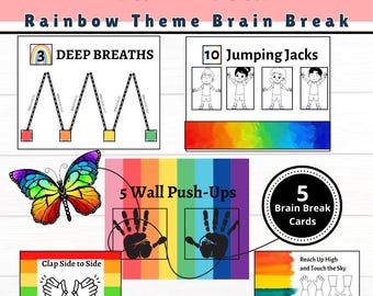 Brain Break-kaarten. Regenboogthema. 5 fitnessposters met structuur voor kinderen. Ondersteuning voor geestelijke gezondheid.