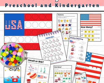 4th of July Toddler Activities. Homeschool Preschool Curriculum.  Printables for Kids Ages 3 to 5