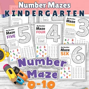 以下が含まれることがあります： 幼稚園児向けの印刷可能な数字迷路のセット。各迷路には1から6までの数字が示されており、迷路の上には数字の単語が書かれています。迷路は、子供たちが数字のなぞりを練習し、細かい運動能力を開発するのに役立つように設計されています。セットのタイトルは「Number Mazes Kindergarten 0-10」です。
