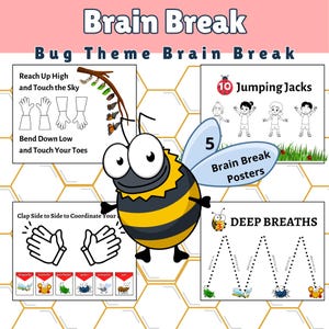 Brain Break Cards. Mental Health Kids Activity. 5 Structured Fitness Posters for Kids.