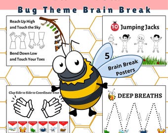 Brain Break Cards. Mental Health Kids Activity. 5 Structured Fitness Posters for Kids.
