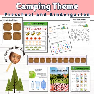 May include: A set of printable camping-themed educational worksheets for preschool and kindergarten. The worksheets include activities like counting, letter recognition, and a maze. The worksheets feature illustrations of tents, bees, and potato sacks.