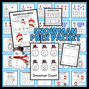 May include: A printable snowman-themed preschool activity pack with worksheets for counting, beginning sounds, winter syllables, visual discrimination, and a snowman maze. The pack includes a snowman count activity with six snowmen, each with a different number of dots on their belly.