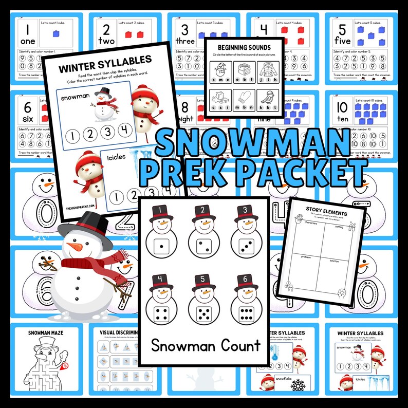 May include: A printable snowman-themed preschool activity pack with worksheets for counting, beginning sounds, winter syllables, visual discrimination, and a snowman maze. The pack includes a snowman count activity with six snowmen, each with a different number of dots on their belly.