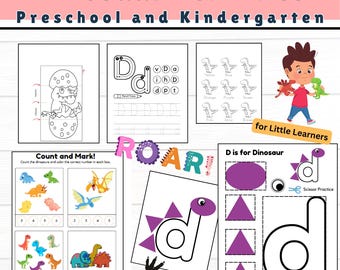 May include: A set of printable dinosaur activities for preschool and kindergarten. The activities include counting and coloring dinosaurs, tracing the letter D, and cutting out a dinosaur shape. The text "ROAR!" is featured in a colorful font.