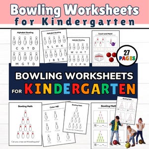 Repaso de matemáticas de kínder con temática de bolos. Hojas de trabajo de conteo, páginas para colorear, encontrar la letra que falta y resta.