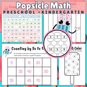 May include: A colorful educational worksheet titled "Popsicle Math" for preschool and kindergarten. The worksheet includes number puzzles, counting exercises, and a color-by-number activity. The design features popsicle illustrations and a pink and blue color scheme.